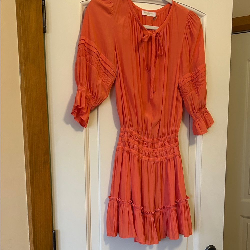 Ramy Brook Vibrant Coral Mini Dress Tie collar, Puff Sleeve and Cinched Waist